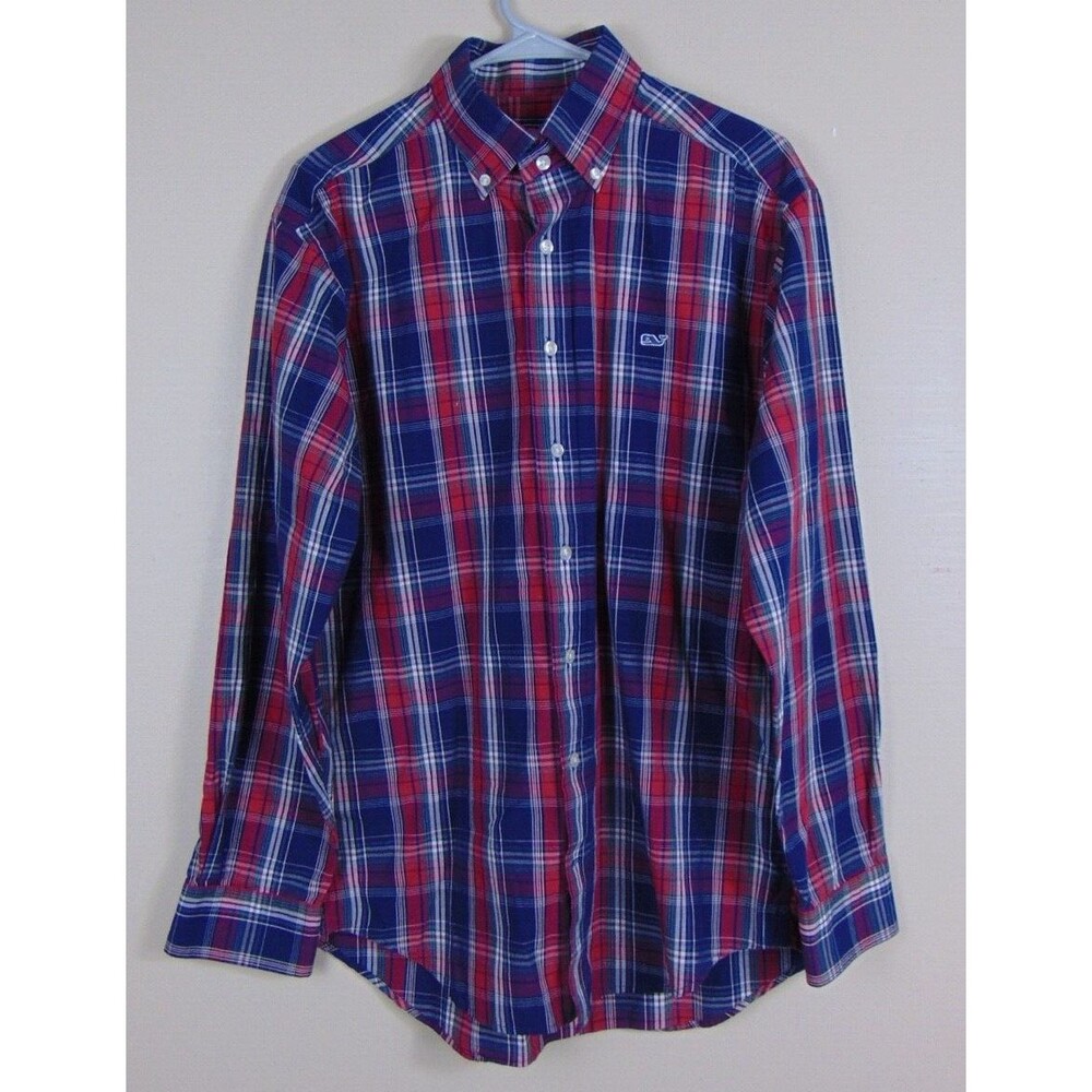 Vineyard Vines Shirt Men's Size Medium Whale Shirt Plaid Button Front Red Blue